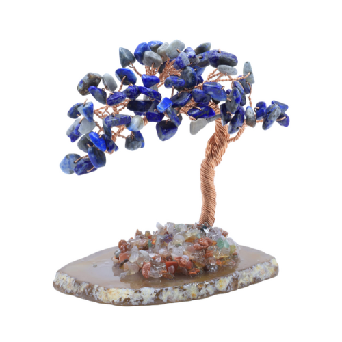 Arbre du Bonheur Lapis Lazuli sur Tranche Agate 12cm et chips de minéraux