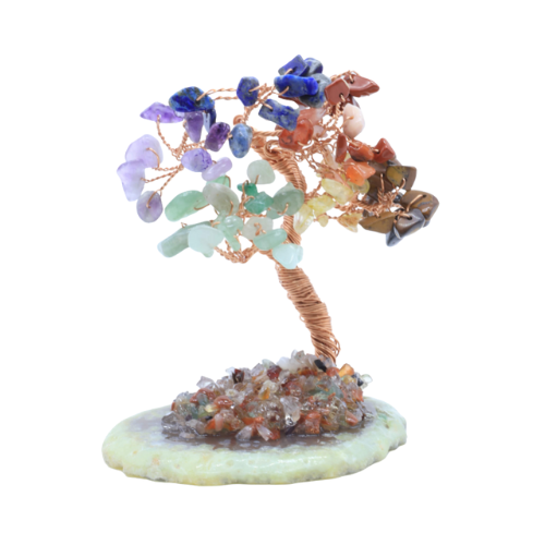 Arbre du Bonheur 7 Chakras sur Tranche Agate 12cm et chips de minéraux