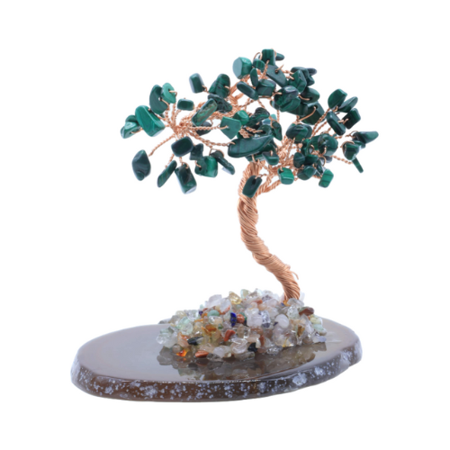 Arbre du Bonheur Malachite sur Tranche Agate 12cm et chips de minéraux