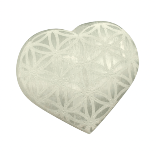 Coeur Sélénite gravé Fleur de Vie 8cm
