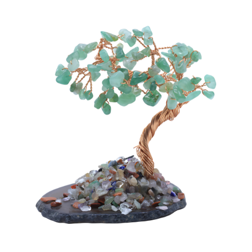 Arbre du Bonheur Aventurine Verte sur Tranche Agate 12cm et chips de minéraux