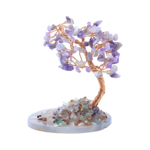 Arbre du Bonheur Améthyste sur Tranche Agate 12cm et chips de minéraux